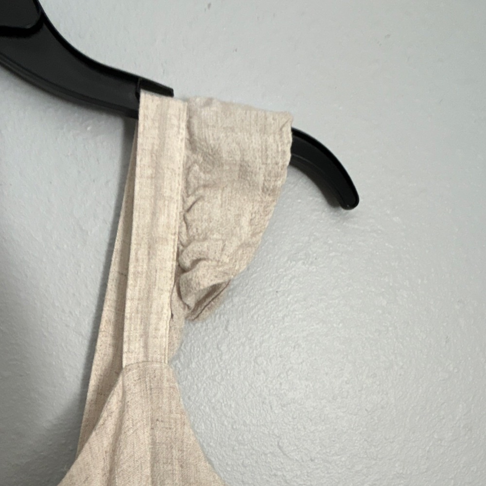 Monteau Beige Linen Blend Sundress S Button Front Ruffle Strap Knee Length - Picture 4 of 11